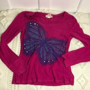 Op Y2K Butterfly V Neck Fitted Long Sleeve Thermal Top Shirt Baby Tee